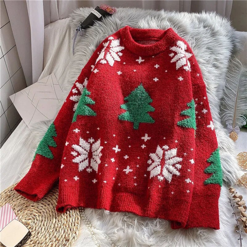 maoxiangshop Sweater Women Christmas Red Pullover Knitwear Korean Loose Fluffy Top Trending Sweater Autumn and Winter Lazy Wind Round Neck