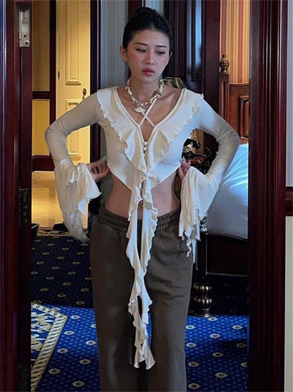 maoxiangshop  -  Sexy Women Ruffles Long Sleeve Club Halter Y2K Blouse T Shirt Outfits Party Autumn Slim Mini Tees T Shirt Crop Tops Harajuku