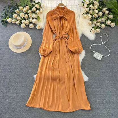 maoxiangshop Frenchic Vintage Long Dress Women Lace-up Bow Collar Lantern Sleeve Female Vestidos De Mujer Spring Elegant Dresses