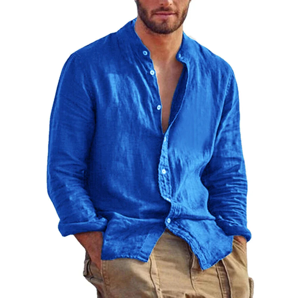 maoxiangshop New Men's Solid Color Long Sleeve Shirt Linen Cotton Shirts Trend Plus-size Stand Collar Casual Lightweight Beach Tops