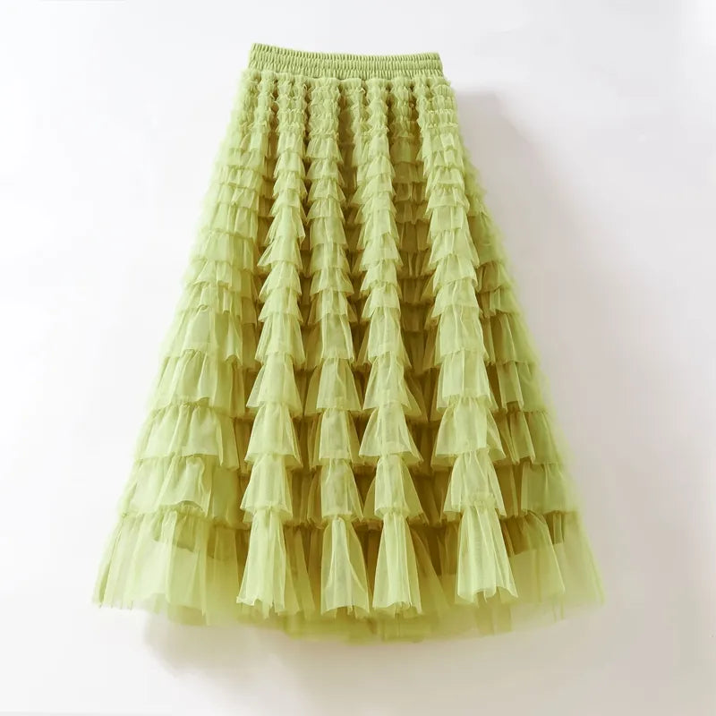 maoxiangshop Tutu Cake Skirts Women Elegant Cascading Ruffles A Line Long Skirts Female Casual Elastic Waist Party Skirt Black Skirt