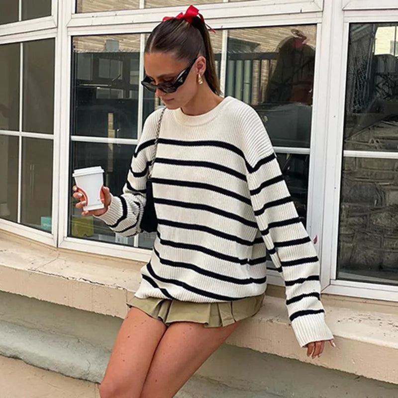 Women Striped Sweater Autumn Winter Old Money Style Basic O-Neck Long Sleeve Loose Sweater Warm Casual Knitted Pullover