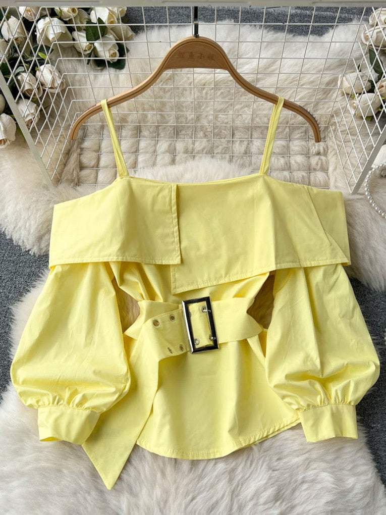 maoxiangshop New Fashion Women Spring Summer Yellow Shirt Sexy Spaghetti Strap Slash Neck Off Shoulder Long Sleeve Blouse with Belt