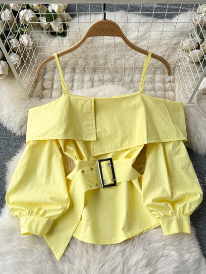 maoxiangshop New Fashion Women Spring Summer Yellow Shirt Sexy Spaghetti Strap Slash Neck Off Shoulder Long Sleeve Blouse with Belt