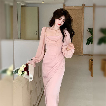 maoxiangshop Autumn Solid Elegant Fairy Dresses Women Casual Party Fashion Korean One Piece Dress Female Lace Vintage Chic Midi Dresses