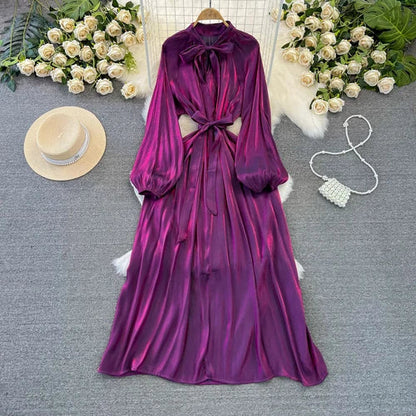 maoxiangshop Frenchic Vintage Long Dress Women Lace-up Bow Collar Lantern Sleeve Female Vestidos De Mujer Spring Elegant Dresses