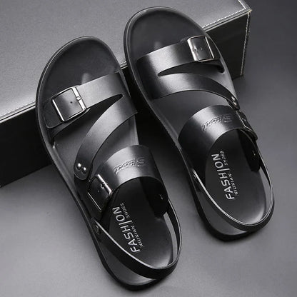 maoxiangshop Comfortable Men's Sandals Solid Color Open Toe Mens Leather Sandals New Slippers Beach for Male Leather Footwear