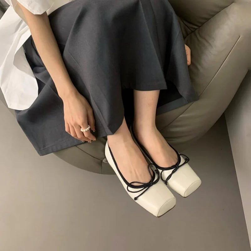 maoxiangshop  -  NEW Spring/Autumn Number 8 Flats Women Slip on Shoes Fashion Mary Jane Shoes Square Toe Women's Shoes Bow Silk Ballet Flats