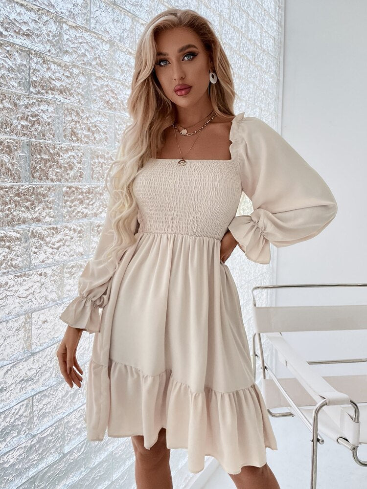 Spring/Summer New Ladies Fashion Dress Pullover Square Neck Long Sleeve Ruffle High Waist Tight Temperament Office Dress