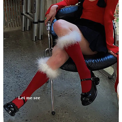 maoxiangshop  -  Winter Christmas New Year Red Socks Feather Lace Warm Long Socks for Women Japanese JK Girl Sweet Lolita Slim Sexy Stockings