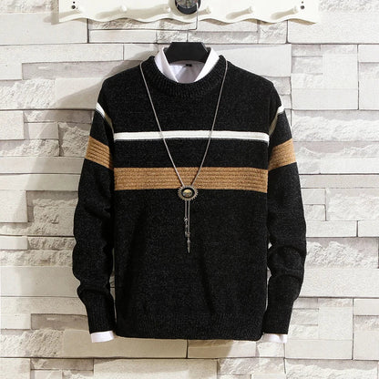 maoxiangshop Autumn and Winter Sweaters Men's Round Neck Stripe Contrast Chenille Elastic Casual Versatile Solid Knit Pullover Top