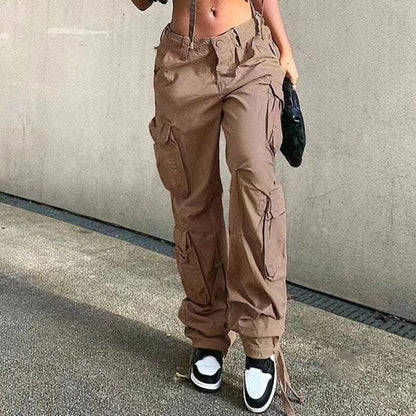 maoxiangshop1 Vintage Cargo Pants Baggy Jeans Women Fashion 90s Streetwear Pockets Wide Leg High Waist Straight Y2k Denim Trousers Overalls