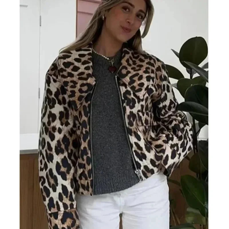 maoxiangshop  -  Vintage Leopard Print Bomber Jacket Women Elegant Lapel Long Sleeves Zipper Pockets Lady Coat 2024 Autumn High Street Streetwear