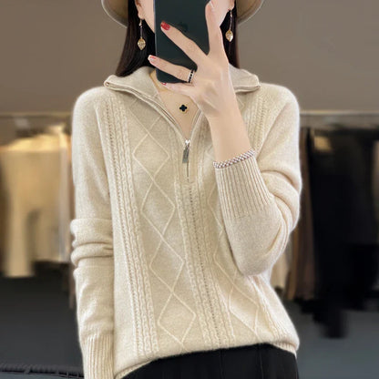 maoxiangshop 100% Merino Wool Women's Turtleneck Sweater Autumn Winter Casual Knit Loose Top Fashion Zipper Half Open Neck Cashmere Pullover