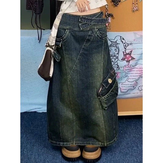 maoxiangshop  -  Autumn Women Blue Denim Pocket Half Body Skirt High Waist Casual Korean Mid Length Baggy Vintage Y2K Straight Denim Long Skirt