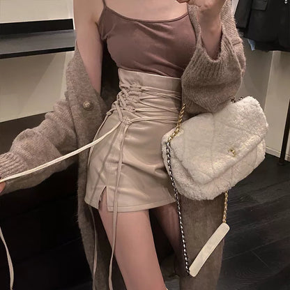 maoxiangshop Fashion Women Ladies Skirt Spring Autumn Solid Color Sexy Clubwear Mini Skirt High Waist Lace-Up Pencil Cross Skirt For Women