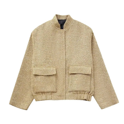 maoxiangshop  -  Women's Sequined Bomber Jacket Fall O Neck Long Sleeve Pocket Stretch Hem Sequins Jacket Coat Female Chic Outerwear