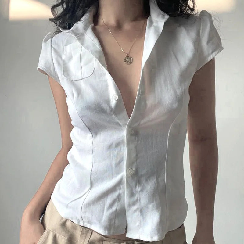 Vintage Fold Crop Top White Button Up Short Sleeve Blouse Women Pockets Korean Style T-shirts Casual Streetwear Y2k 2024