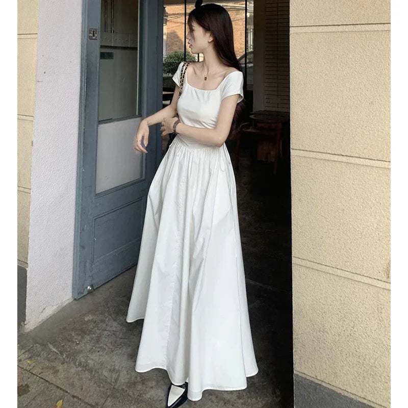 Elegant Dress Women White Sweet Kawaii Summer Midi Dress Korean Fashion Chic Shirring Square Collar Female Vestidos New