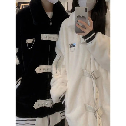 Korean Two-color Leather Buckle Lambswool Jacket Men Women In Winter Loose High Street Wild Couple Cotton-padded Coat Tops
