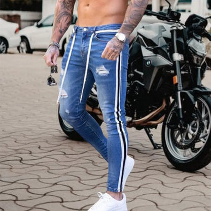 maoxiangshop Men Jeans Knee Hole Ripped Stretch Skinny Denim Pants Solid Color Black Blue Autumn Summer Hip-Hop Style Slim Fit Trousers S-4XL