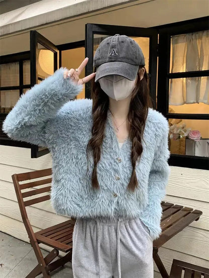 maoxiangshop Fluffy Mohair Cardigan V-Neck Gold Button Up Sweater for Women Autumn Winter