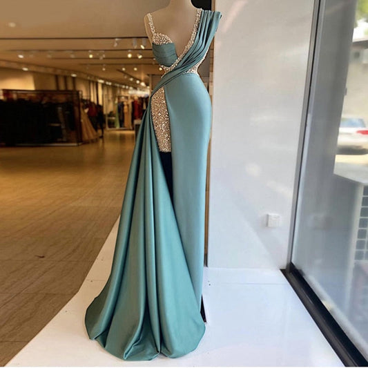 maoxiangshop Mermaid Prom Dresses V Neck Crystal Dubai Glitter Robe De Soiree Arabic Evening Dress Women Party Gowns Vestidos