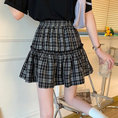 maoxiangshop Kawaii Gothic Lolita Plaid Skirt Women Goth Bow Black High Waist A-line Mini Skirts Japanese Style Harajuku Soft Girl