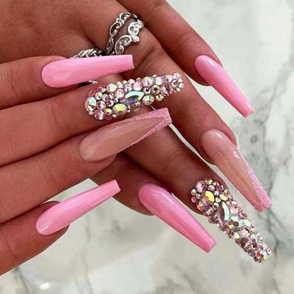 24Pcs French Long Ballet Nails Set Press on Long False Nails with Pink Rhinestone Wearable Coffin Fake Nails Full Cover Nail Tip