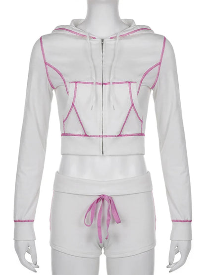 maoxiangshop  -  Lace Up Short Sets For Women 2 Piece Summer Outfits Autumn New Slim Knitted Hoodies And Short Suits Woman Clothes