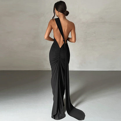 maoxiangshop Backless Maxi Dress Elegant Red Long Sleeve Sexy Ruched Bodyocn Evening Party Dress for Women Spring Slim Christmas Outfits