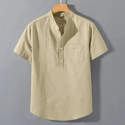 maoxiangshop New Mens Short Sleeve T Shirts Solid Color Stand Up Collar Shirt Summer Trendy Breathable Loose Youth Basic Cotton Pocket Top