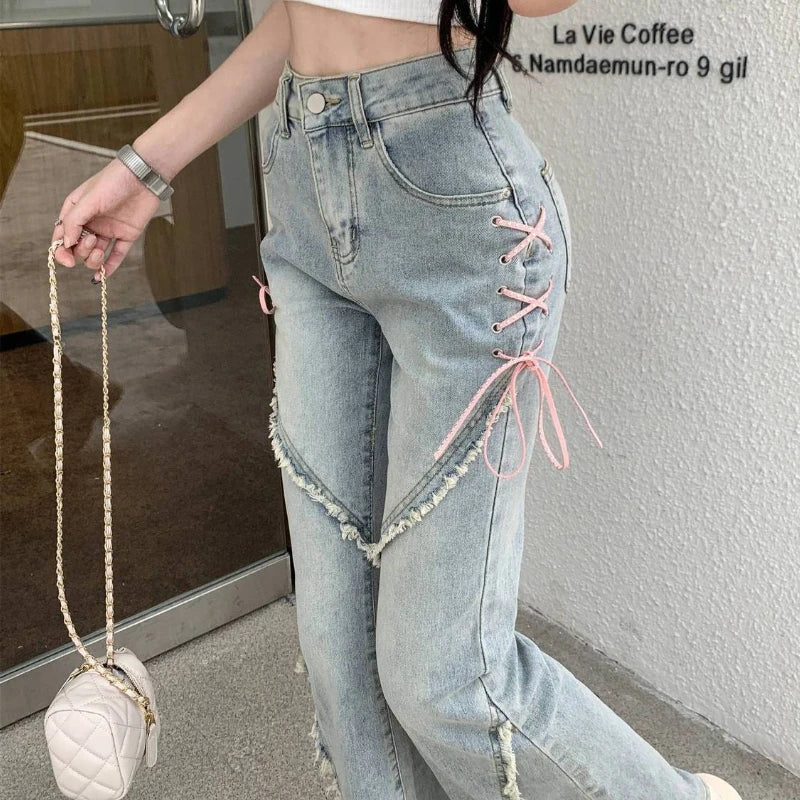 maoxiangshop American Split Jeans Women Pink Bandage High Waist Irregular Spliced Denim Pants Zipper Fly Trousers Y2k Pantalon Femme