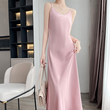 maoxiangshop Tri-Acetate Satin Silky V-Neck Temperament Female Summer Beautiful Silk Suspender Dress New Long Skirt Is Thin