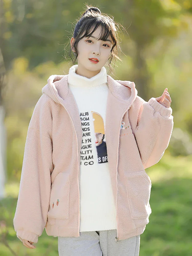 Lamb Wool Kawaii Zipper Hooded Jackets Women Cartoon Rabbit Embroidery Harajuku Warm Coat  Winter Long Sleeve Thick Outwears
