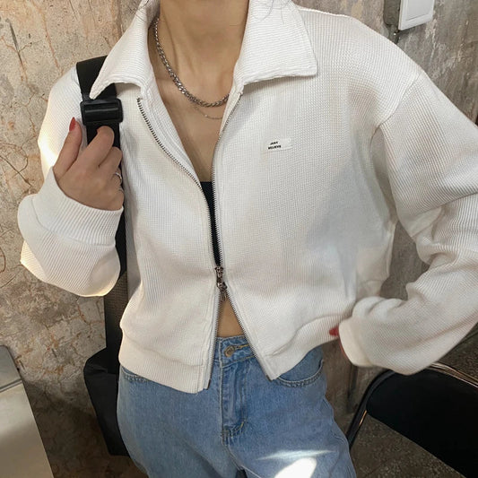 Women Zipper Cropped Jackets Fashion Letter Loose Sweatshirt Korean Casual Short Y2k Tops Spring Harajuku Lady Clothes New