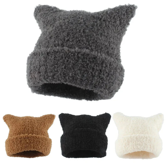 maoxiangshop Winter Lambswool Hats For Women Cute Cat Ears Beanie Soft Warm Knitting Cap Cuffed Skullies Fashion Street Hip Hop Hat