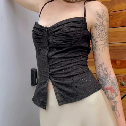 maoxiangshop-hirigin��Women Floral Hollow Crop Tops y2k Fairycore Grunge Spaghetti Strap Sleeveless Button Camisole Kawaii Tank Streetwear