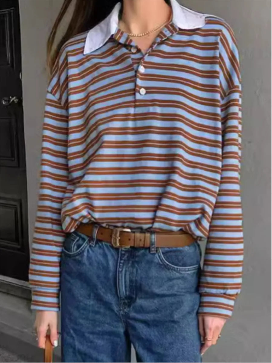 maoxiangshop  -  Striped Vintage Long Sleeve T-shirt Women Autumn New Turndown Collar Button T-shirts 2024 Streetwear Fashion Pullover Tops Tees