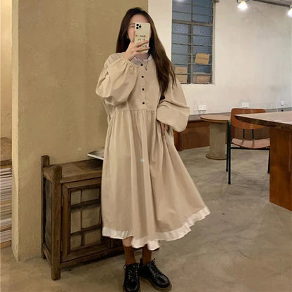 maoxiangshop Autumn New Korean Style Dress Women Ruffles Patchwork O Neck Long Sleeve Dresses Slim Waist Elegant Vestidos Mujer