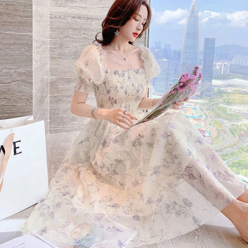 maoxiangshop Summer White Chiffon Long Dress Casual Floral Party Dress Elegant Short Sleeve Fairy Dresses for Women Sweet Clothing