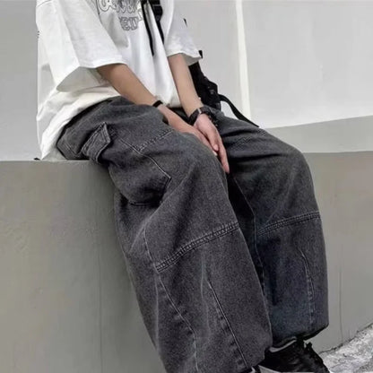 maoxiangshop 2024 Spring Autumn Men Baggy Jeans Men Wide Leg Pants Big Pockets Elastic Waist Streetwear Trousers Male Loose Denim Pants