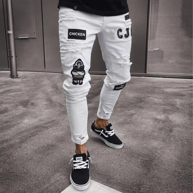 maoxiangshop Men Jeans Knee Hole Ripped Stretch Skinny Denim Pants Solid Color Black Blue Autumn Summer Hip-Hop Style Slim Fit Trousers S-4XL
