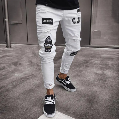maoxiangshop Men Jeans Knee Hole Ripped Stretch Skinny Denim Pants Solid Color Black Blue Autumn Summer Hip-Hop Style Slim Fit Trousers S-4XL