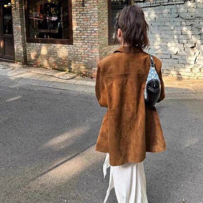 maoxiangshop  -  Vintage Suede Blazers Coat Women Loose Lapel Single Breasted Long Sleeve Pockets Jacket 2024 Autumn New Lady High Street Outwear
