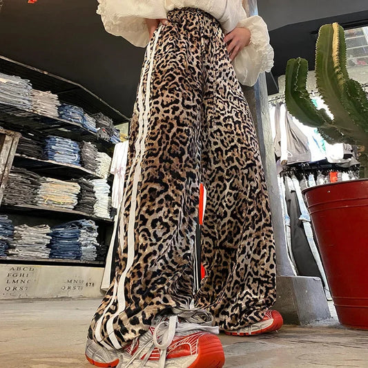 maoxiangshop  -  Striped Leopard Print Velvet Wide Leg Pants 2024 Fall Winter Women Elastic High Waist Loose Casual Trousers Streetwear Bottoms