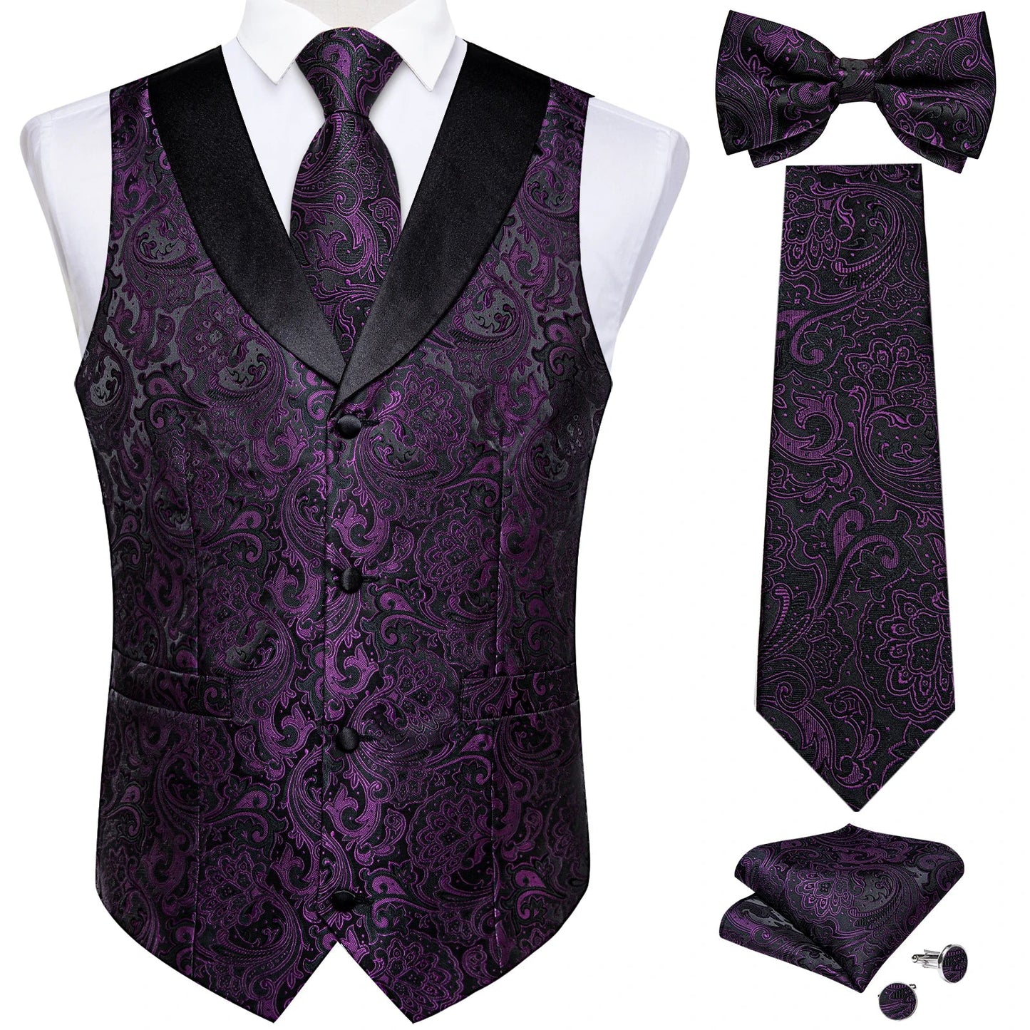 maoxiangshop Brand Suit Vest Set For Men Luxury Silk Black Gold Paisley Dress Vest Tie Cufflinks Handkerchief Set Male Sleeveless Waistcoat