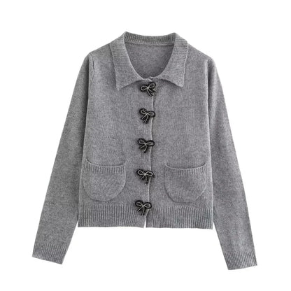 maoxiangshop  -  Fashion Bow Cropped Knitted Cardigan Women Ribbed Coat Long Sleeve Button Short Sweaters Women 2024 Autumn Knitwears Jacket Top