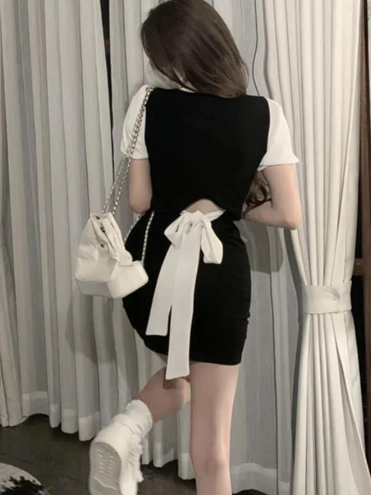 maoxiangshop Dresses Women Fake Two Pieces Slim Patchwork Sexy Fashion Streetwear Summer Holiday Cute Turn-down Collar Charming Daily Popular