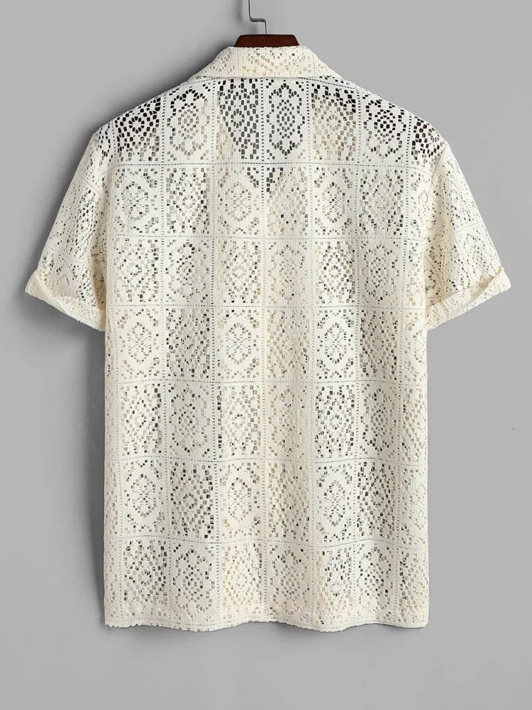 maoxiangshop Hollow Out See-through Men's Shirt Sexy Rose Pattern Short Sleeve Openwork Shirt Summer Streetwear Overshirt Tops Z5094175